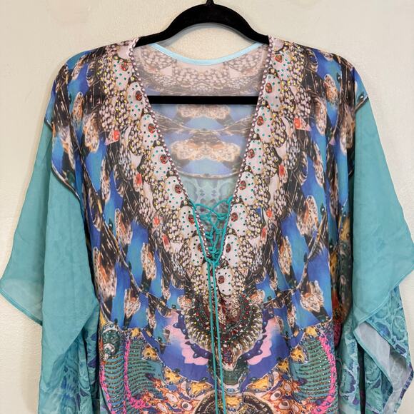 Kaftan Cover Up Swimwear Dress Womens OS Blue Lace Up Boho Beach Rhinestones - Picture 4 of 7